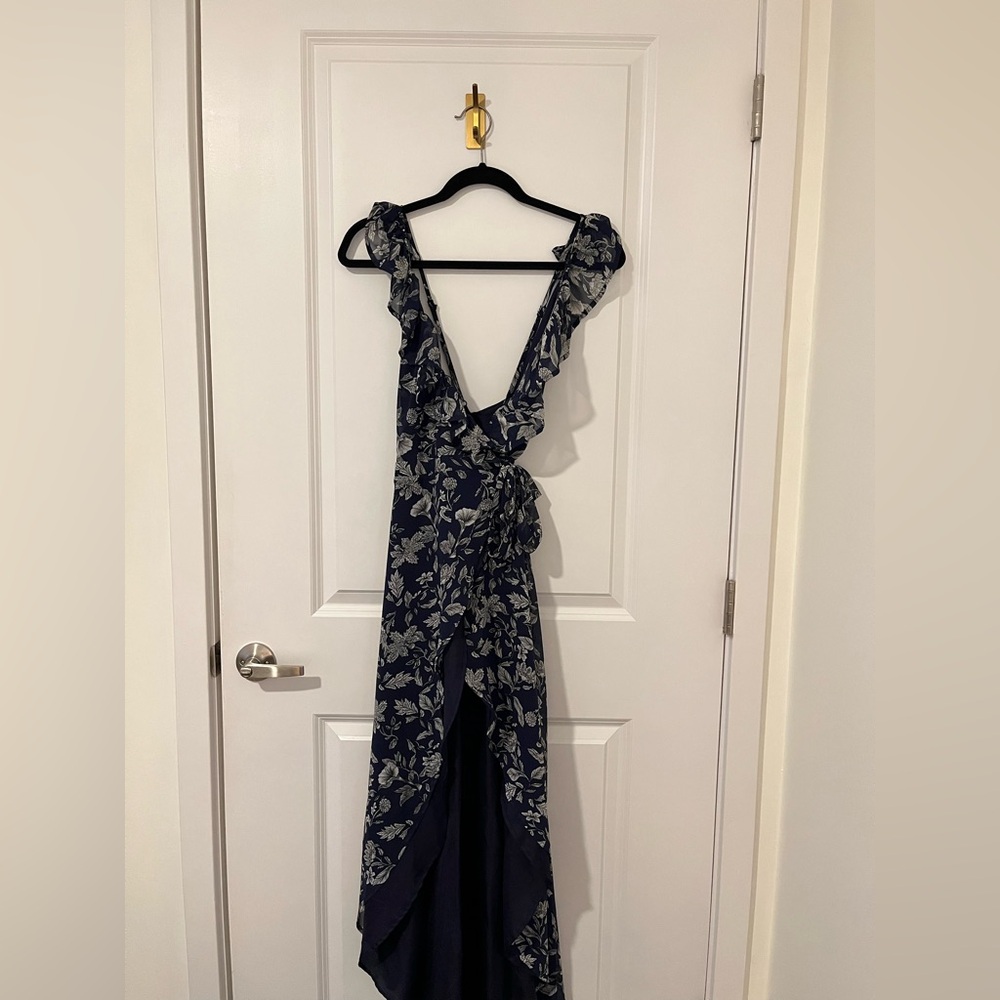 BB Dakota Navy Floral Ruffle Wrap Dress